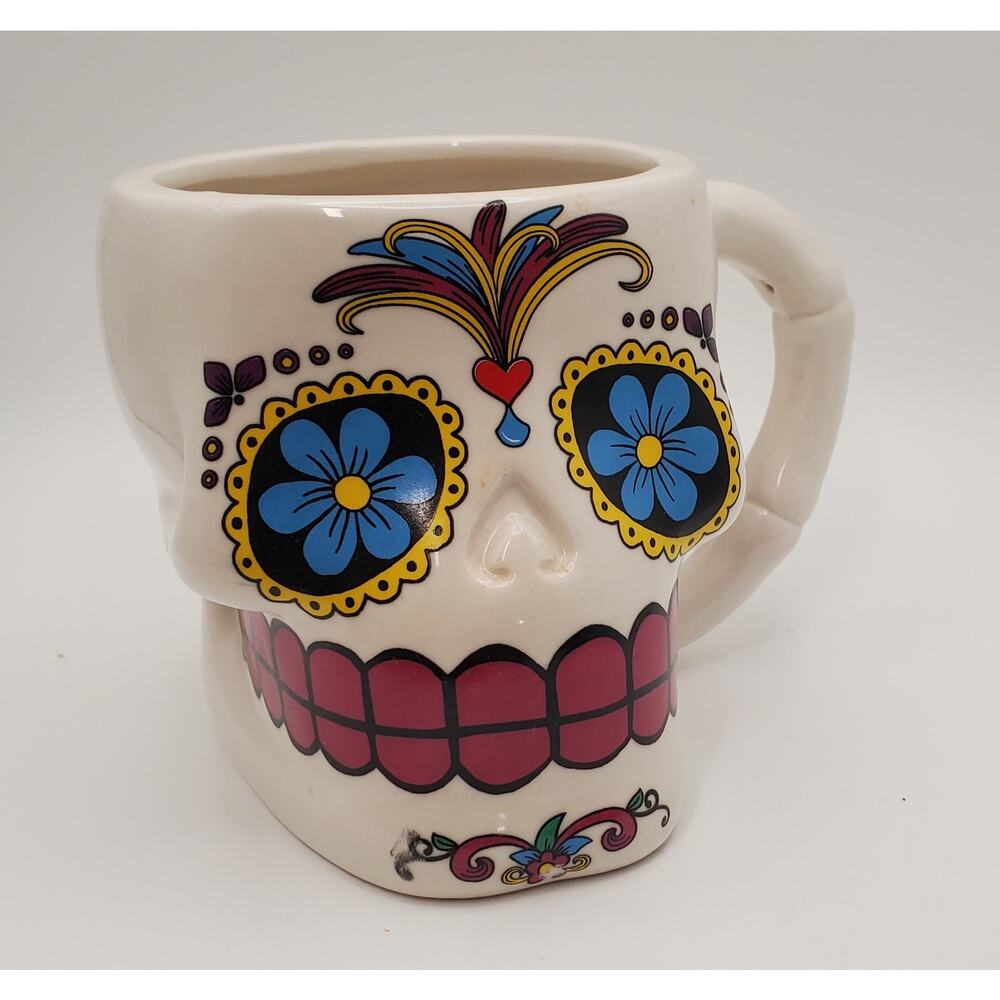 Vibrant Hand-Painted Sugar Skull Ceramic Mug – 3D‎ Day of the Dead Coffee Cup